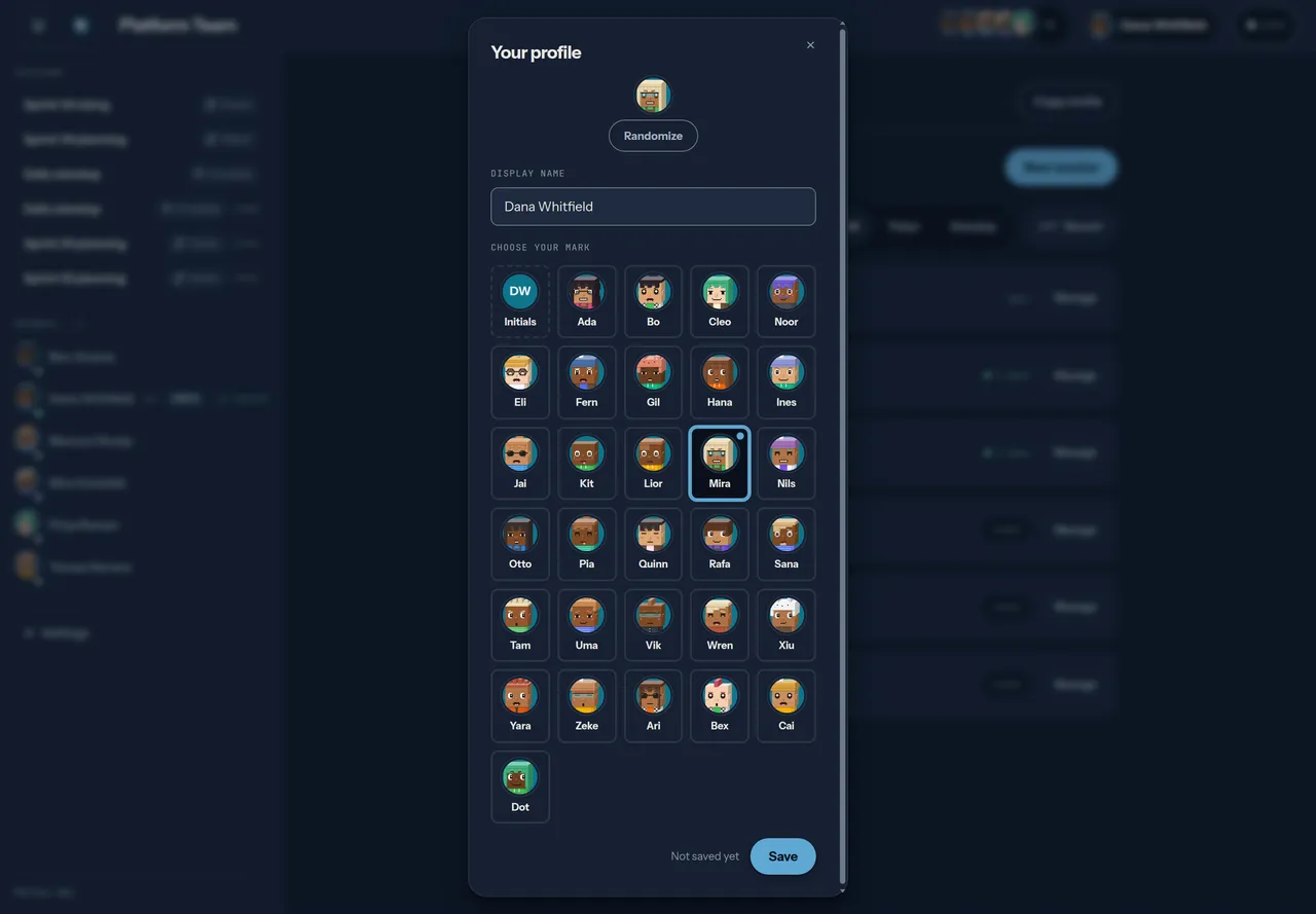 The profile dialog over a space page: a preview and a Randomize button, then a Display name field reading Dana Whitfield, then a grid of thirty voxel-art portraits plus an Initials tile, with Mira selected — a heavier border and a corner pip — and Save active beside 'Not saved yet'.