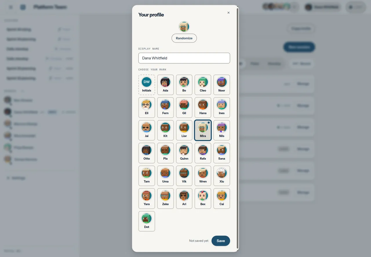 The profile dialog over a space page: a preview and a Randomize button, then a Display name field reading Dana Whitfield, then a grid of thirty voxel-art portraits plus an Initials tile, with Mira selected — a heavier border and a corner pip — and Save active beside 'Not saved yet'.