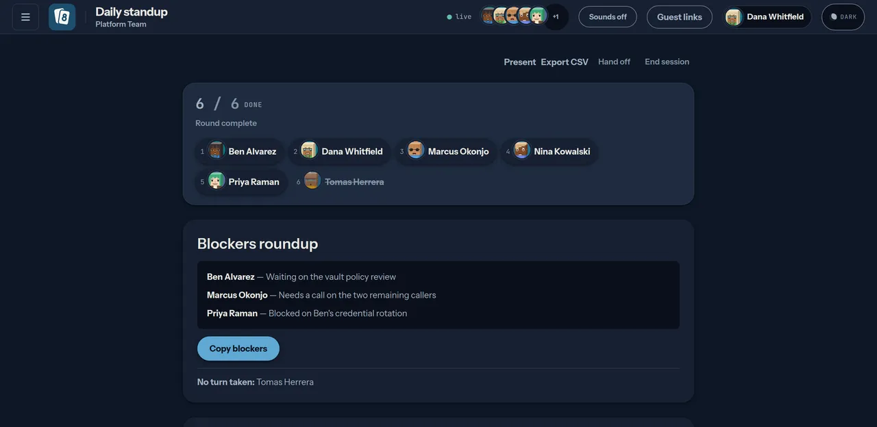 The blockers roundup at the end of a standup: three lines, each naming a person and the blocker they wrote, above a Copy blockers button.