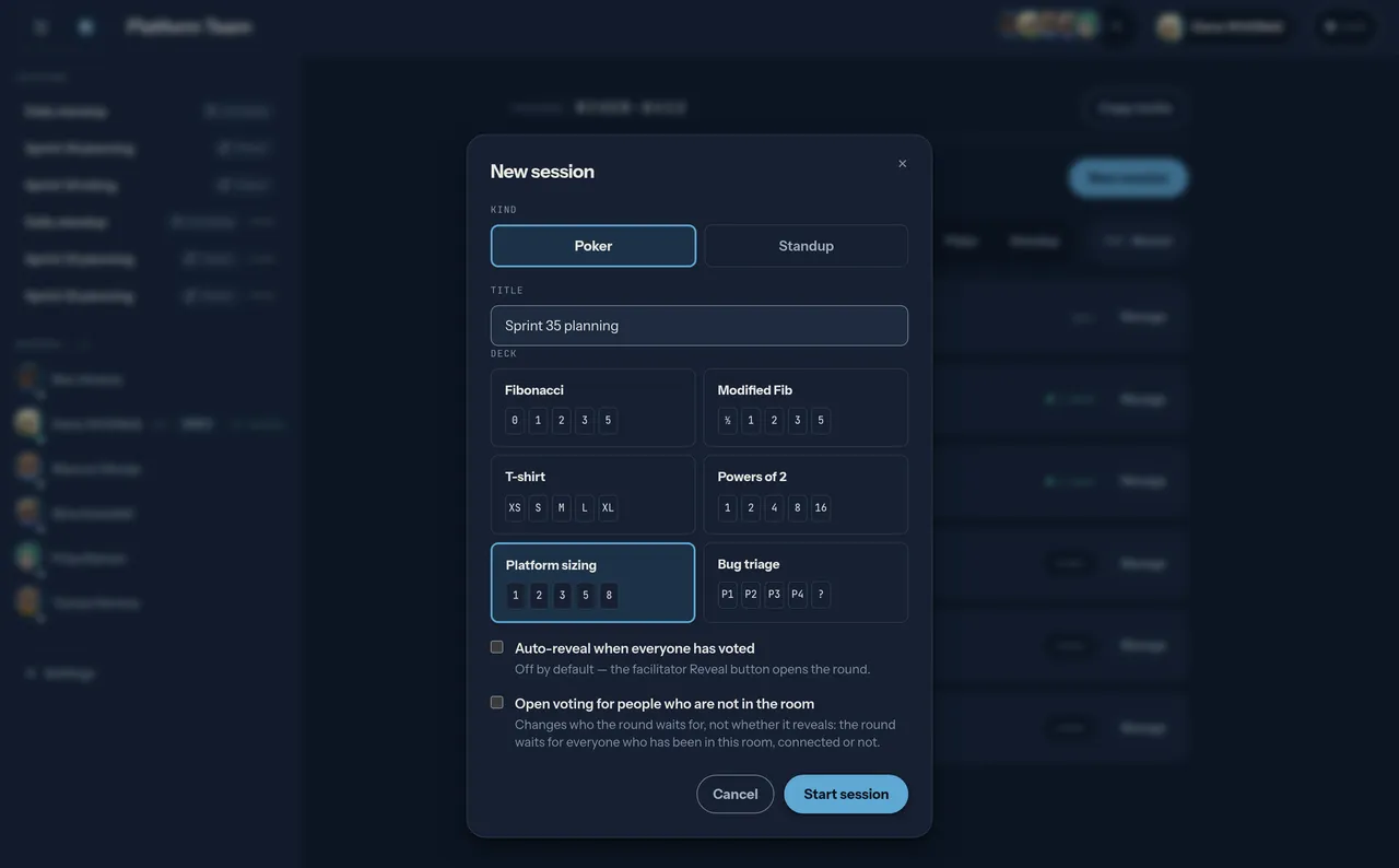 The New session dialog with Poker selected, the title Sprint 35 planning typed in, and six deck cards to choose from — Fibonacci, Modified Fib, T-shirt and Powers of 2, then the space's own Platform sizing, selected, and Bug triage — above an unchecked Auto-reveal when everyone has voted.