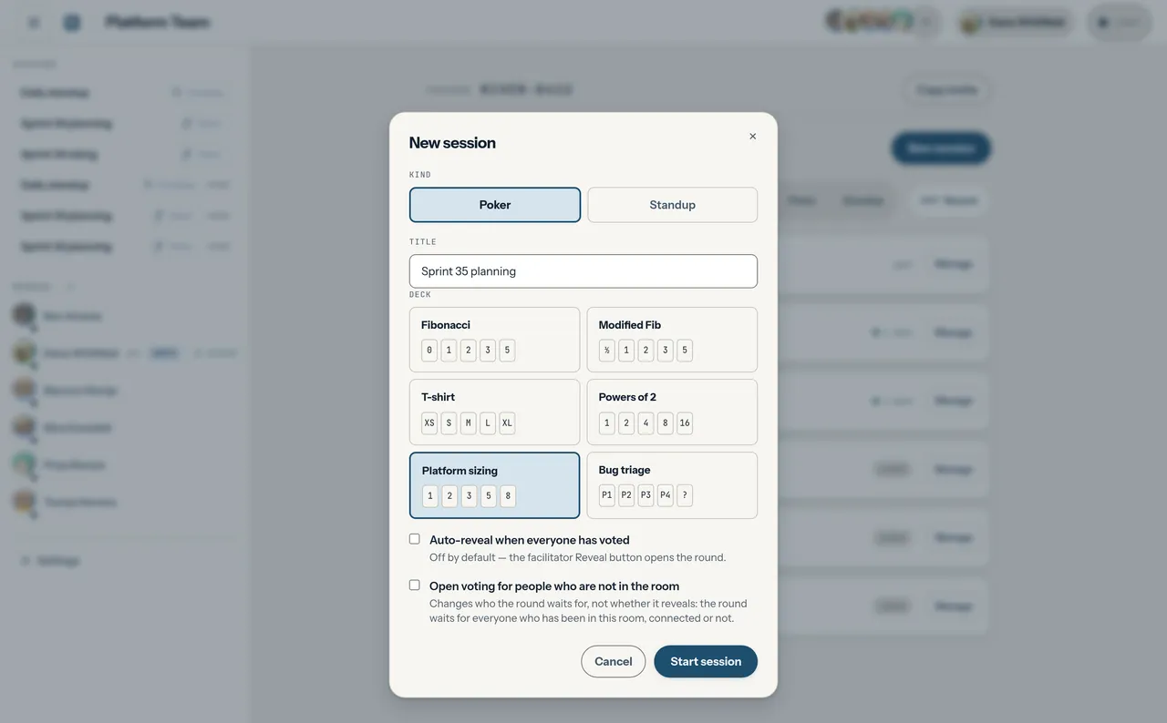 The New session dialog with Poker selected, the title Sprint 35 planning typed in, and six deck cards to choose from — Fibonacci, Modified Fib, T-shirt and Powers of 2, then the space's own Platform sizing, selected, and Bug triage — above an unchecked Auto-reveal when everyone has voted.