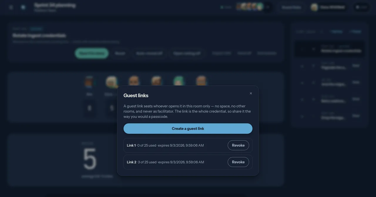 A Guest links dialog over a poker room, with a Create a guest link button and two live links showing 0 of 25 and 3 of 25 redemptions used, each with a Revoke button.