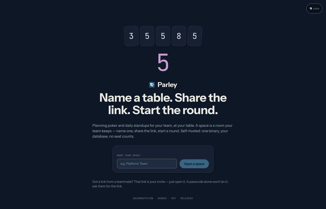 The Parley landing page: a hand of five cards reading 3, 5, 5, 8 and 5 above a large settled 5, the heading 'Name a table. Share the link. Start the round.', and a single field labelled NAME YOUR SPACE beside an Open a space button.