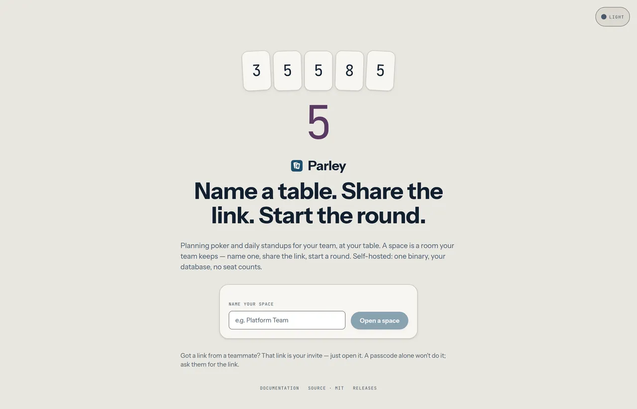 The Parley landing page: a hand of five cards reading 3, 5, 5, 8 and 5 above a large settled 5, the heading 'Name a table. Share the link. Start the round.', and a single field labelled NAME YOUR SPACE beside an Open a space button.