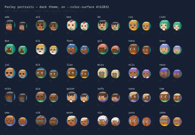 A contact sheet of thirty voxel-art portraits, each drawn twice — at 46 pixels and at 38 pixels — inside a coloured disc on the page surface, labelled with its id.