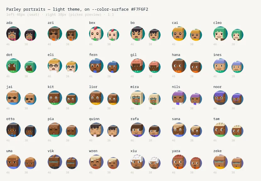 A contact sheet of thirty voxel-art portraits, each drawn twice — at 46 pixels and at 38 pixels — inside a coloured disc on the page surface, labelled with its id.