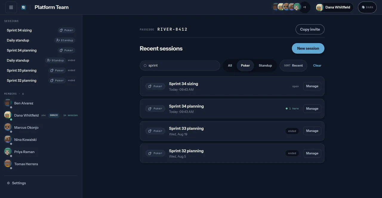 A space's session list filtered to poker with the search box reading 'sprint', narrowed to Sprint 34 planning, Sprint 34 sizing, Sprint 33 planning and Sprint 32 planning — two open, two ended.
