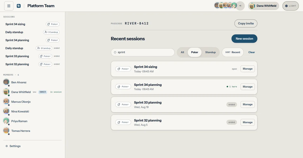 A space's session list filtered to poker with the search box reading 'sprint', narrowed to Sprint 34 planning, Sprint 34 sizing, Sprint 33 planning and Sprint 32 planning — two open, two ended.