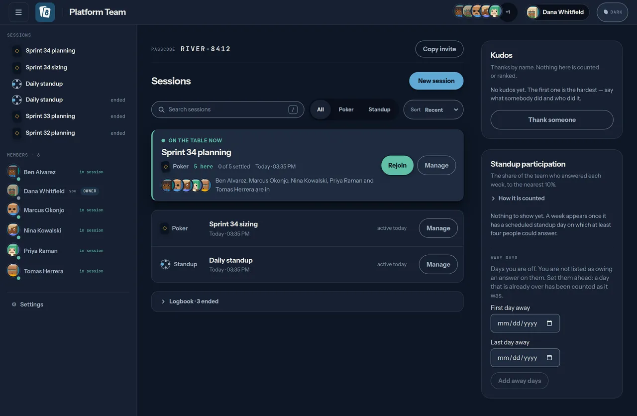 A space page for Platform Team: a sidebar of sessions and six members with presence dots, recent sessions in the middle, and a panel showing the passcode RIVER-8412 with Copy invite, Copy passcode, New passcode and Make open buttons.