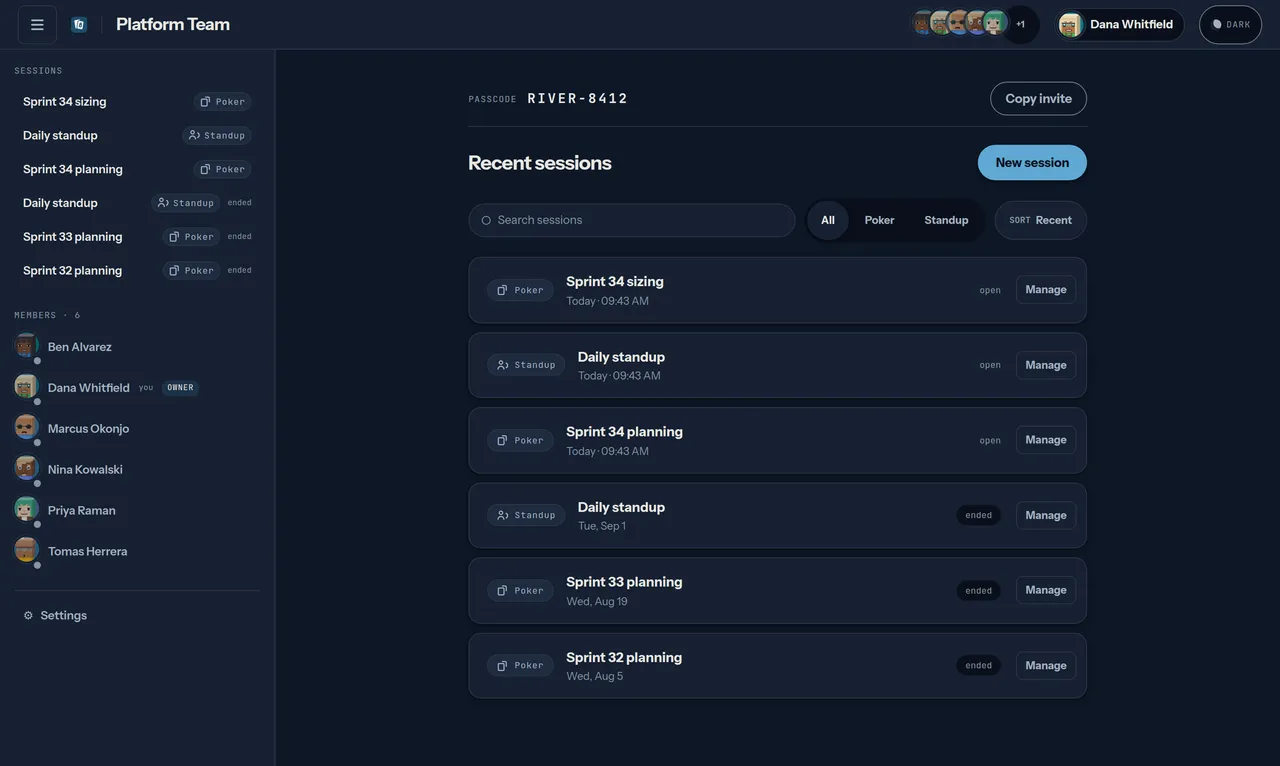 A space page for Platform Team: a sidebar of sessions and six members with presence dots, recent sessions in the middle, and a panel showing the passcode RIVER-8412 with Copy invite, Copy passcode, New passcode and Make open buttons.