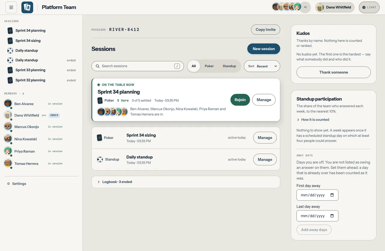 A space page for Platform Team: a sidebar of sessions and six members with presence dots, recent sessions in the middle, and a panel showing the passcode RIVER-8412 with Copy invite, Copy passcode, New passcode and Make open buttons.