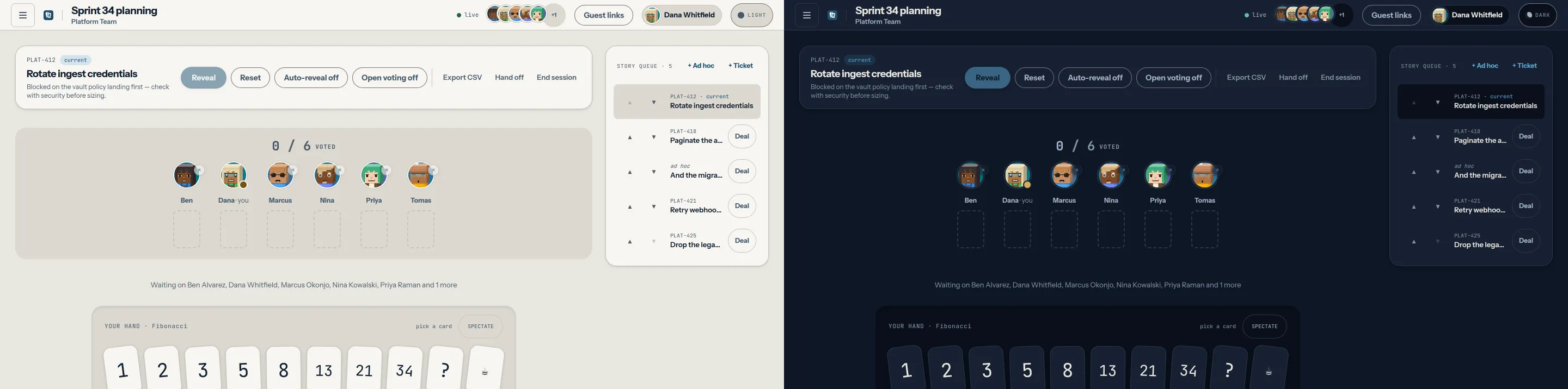 The same poker room screenshotted twice, side by side: on the left the light theme, dark navy text and cards on a chart-paper background; on the right the dark theme, the identical table and vote cards on night-watch navy.